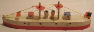 Antique Wood Folk Art Putz Toy Ship 6 " White W 2 Masts & 3 Flags Japan Boat 1930