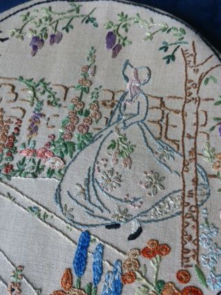 Crinoline Lady In Garden,  Hand Embroidered Round Embroidered Picture