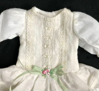 Vintage White Doll Dress W/ Slip W/ Green Silk Rosette For 10 " French German