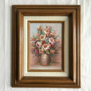 Vintage " Floral Bouquet " Painting Pinks/blues/greens Signed Wood Canvas Frame