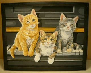 Vintage Three Kittens On Upright Piano Paint By Numbers Framed Art