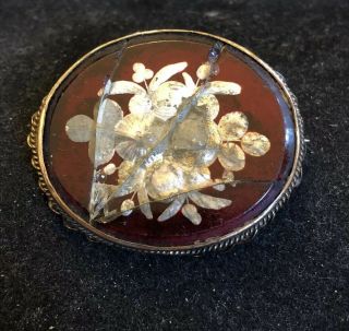 Antique Victorian Reverse Painted Crystal Glass Basket W Flowers Pin Brooch