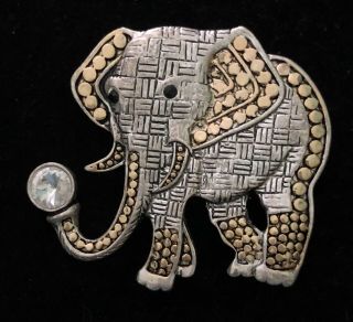 Vintage Antiqued Inlaid Silver & Gold Tone Rhinestone Elephant Brooch Broach Pin