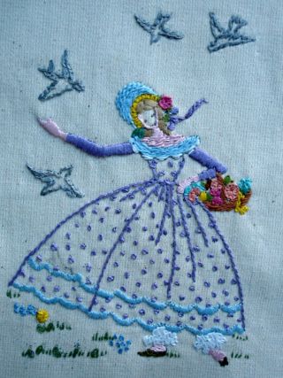 Hand Embroidered Linen Unframed Picture Crinoline Lady & Doves