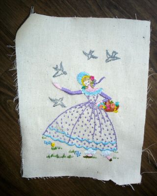 Hand Embroidered Linen Unframed Picture Crinoline Lady & Doves 2