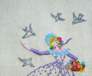 Hand Embroidered Linen Unframed Picture Crinoline Lady & Doves 3