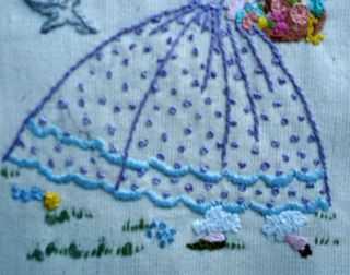 Hand Embroidered Linen Unframed Picture Crinoline Lady & Doves 4
