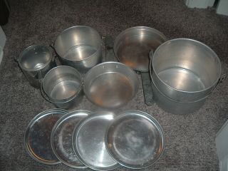 9 Piece Vintage Aluminum Nesting Camping Cookware Pans Pot Plates Coffee Set