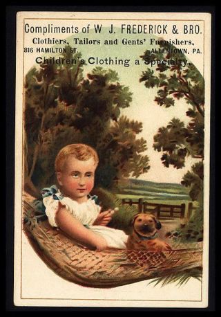 Antique " W.  J.  Frederick & Bro.  " Little Boy - Dog Hammock Trade Card - Allentown,  Pa