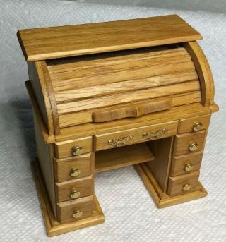 Vintage Dollhouse Miniature Oak Finish Wooden Roll Top Desk