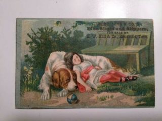1880s Antique Victorian Trade Card Sollers Hall Shoes Knoxville Tennessee Dog