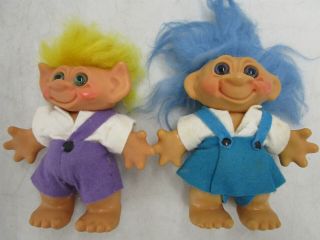 Pair Vintage Troll Doll Coin Bank Toy Blue Yellow Hair