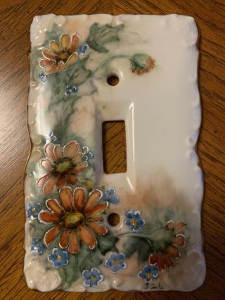Vtg Porcelain Ceramic Light Switch Cover Plate Hand Painted Flowers Signed