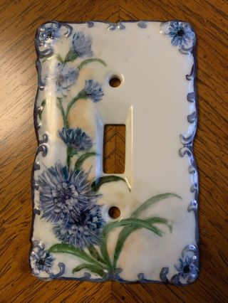 Vintage Porcelain Ceramic Light Switch Cover Plate Hand Painted Blue Flowers