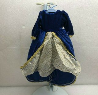 Vintage Doll Dress Blue Velour W/ White See Through Gold Tone Spots Gold Trim
