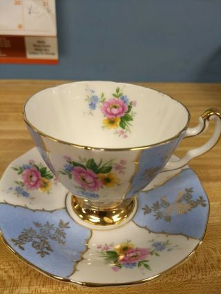 Vintage Adderley Fine Bone China Blue Tea Cup And Saucer England Gold W Flowers