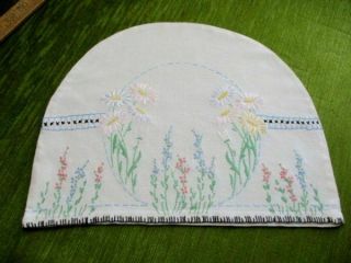 Vintage Tea Cosy Cover - Hand Embroidered Pretty Flowers - Linen