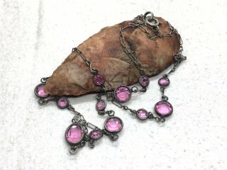 Antique Art Deco Sterling Pink Crystal Stones Flapper 17” Necklace
