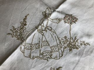Vintage Crinoline Lady Hand Embroidered Lge Square Cream Irish Linen Tablecloth