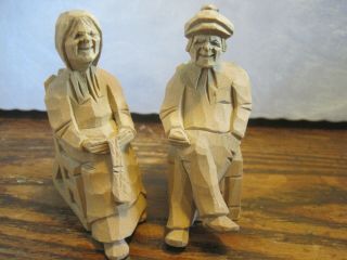 Wood Carvings Signed By Artist D.  Daigle Canada Elderly Man & Woman In Rockers