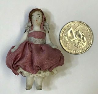 Antique German Bisque 2 " Miniature Dollhouse Doll In Red Hair Pink Dress & Hat