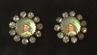Two (2) Antique Portrait Buttons Surrounded W/ Rhinestones - 17th Cent.  Man
