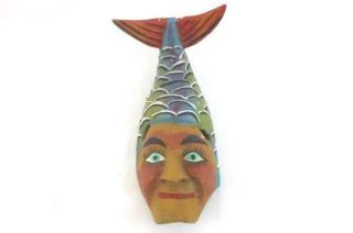 Carved Wooden Wood Multicolored Mask Wall Hanging Woman Mermaid Tale Head