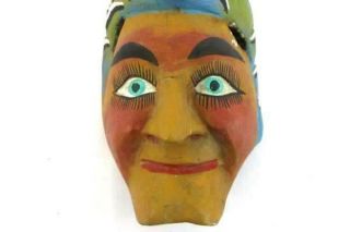Carved Wooden Wood Multicolored Mask Wall Hanging Woman Mermaid Tale Head 3