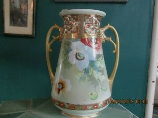 Antique Nippon Handled Vase Gold Encrusted Hand Painted