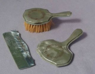 Antique Miniature Dresser Set Hand Mirror Brush Comb Celluloid Doll Childs