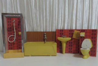 Vintage Lundby Sweden Dollhouse Bathroom Set - Shower,  Sink,  Stool And Bath Tub