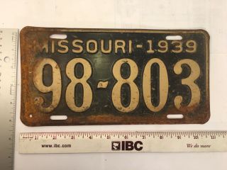 1939 Antique Missouri License Plate.  Number 98 - 803.