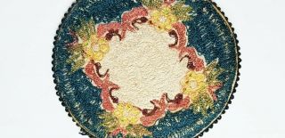ANTIQUE DARLING ROUND FRENCH KNOTTED RUG IN TEAL,  CREAM,  YELLOW 6 