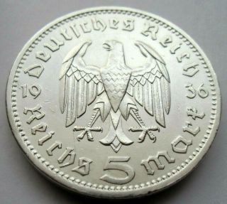 (73) Antique Wwii German 3rd Reich 1936 A 5 Reichsmark Silver Coin