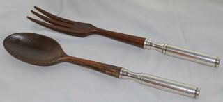 Vintage Sterling Silver Handled Wooden Fork & Spoon Salad Set From Italy