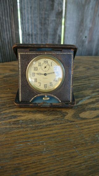 Antique 8 Day Swiss Travel Clock In Leather Carry Case Running Parts/restoration