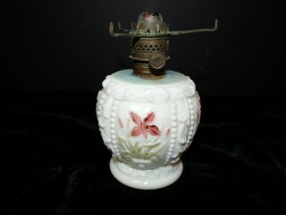 Antique Embossed Pressed Beaded Milk Glass Miniature Oil Lamp Usa Burner Painted