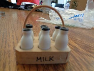 Miniature Dollhouse Wooden Milk Crate With 6 Removable Milk Bottles Wood Euc