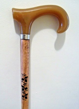 Wooden Walking Stick Cane Derby Brown Acrylic Handle Small Flower Print 36 Inch