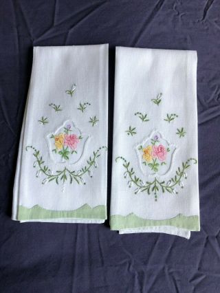 Pair Madeira Work Vintage Hand Embroidered & Appliqué Guest Hand Towels