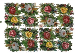 Victorian Antique Die Cut Sheet Of 16 Roses 1890.  No.  565,  Printed In Germany