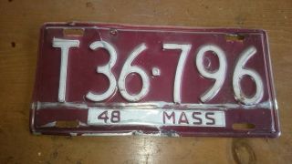 1948 Massachusetts License Plate Number T36796 Rare Find