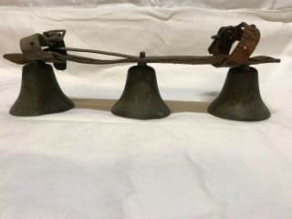 Vintage Antique Primitive Brass Cow Bells On Leather Strap