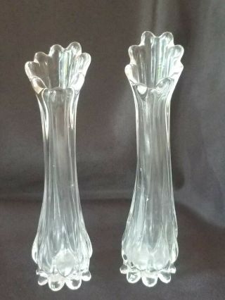 Vintage Narrow Scalloped Glass Bud Vases 6.  5 " And 6.  25 "