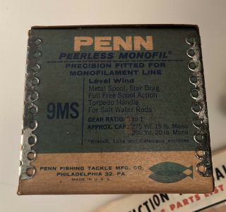 Vintage Penn Peerless Reel Model 9MS BOX ONLY,  Line,  Tool,  And Paper 4