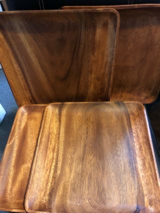 Set 4 Square Wooden Plates Wood Mcm Vintage Mid Century Modern 12” Acacia