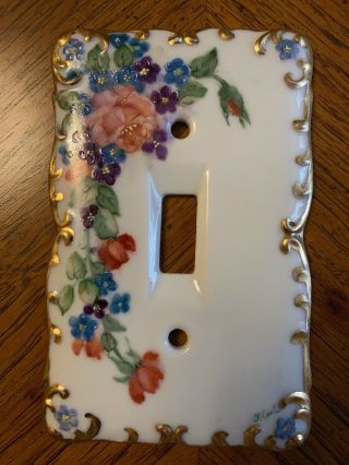 Vtg Porcelain Ceramic Light Switch Cover Plate Hand Painted Flowers Roses Signed