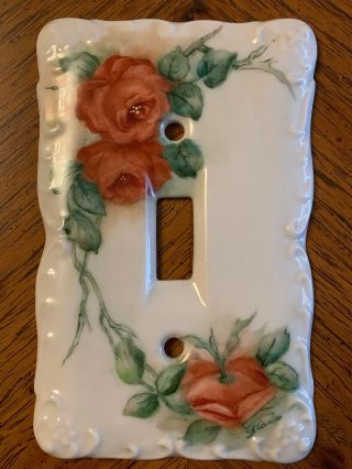 Vintage Porcelain Ceramic Light Switch Cover Plate Hand Painted Roses Signed