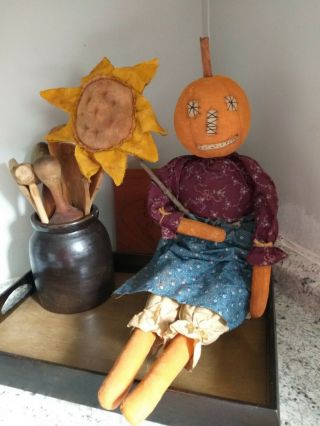 Primitive Orange Pumpkin Doll Holding Sunflower Harvest Fall Halloween