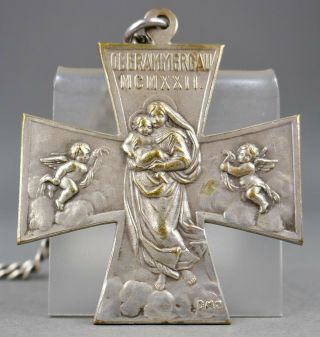 Antique German Oberammergau 1922 Passion Play Religious Cross Medal Sterling Chn